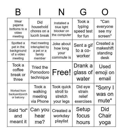 Remote Work Bingo Card