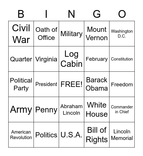 Presidents Day BINGO Card