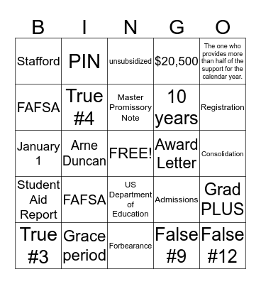 Financial Aid Bingo Card