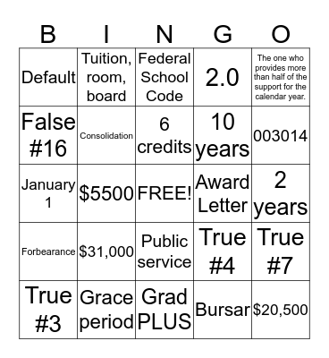 Financial Aid Bingo Card