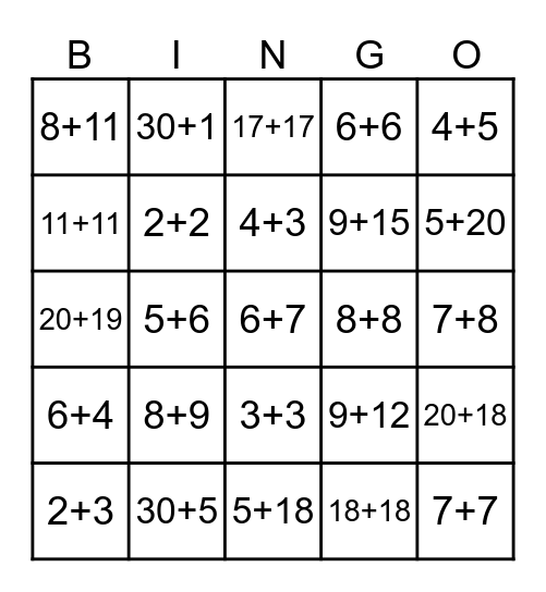 additions- 3rd Grade Bingo Card