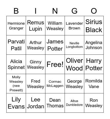 Known Gryffindors Bingo Card