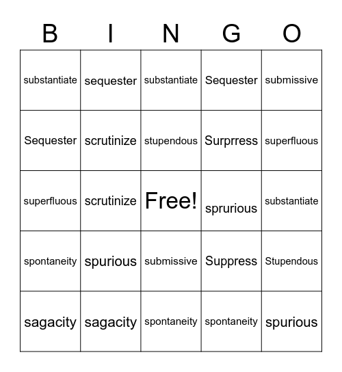Vocabulary 9 Bingo Card