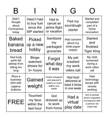 Work From Home Bingo Card