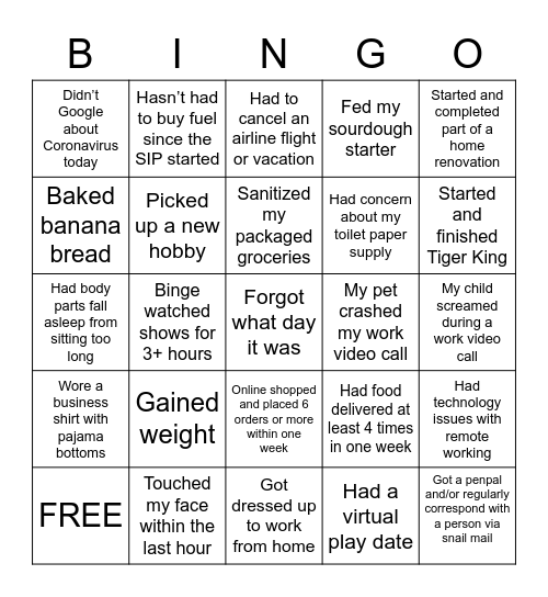 Work From Home Bingo Card