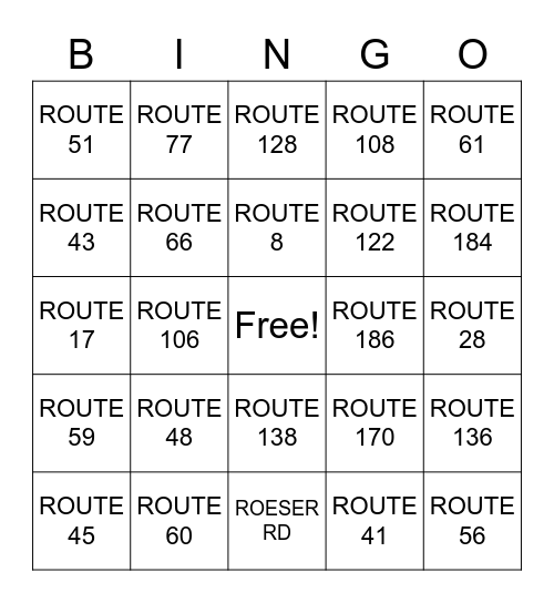 Which route? Bingo Card