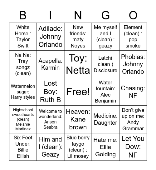 music bingo Card