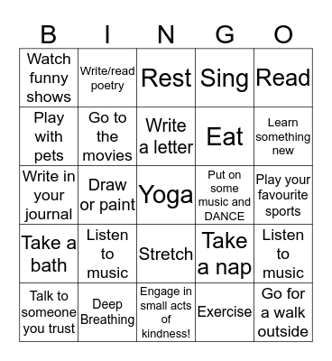 DE-STRESS BINGO Card