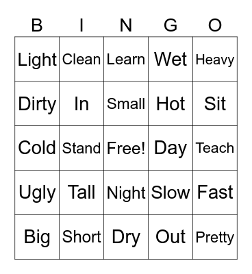 Opposites Bingo Card