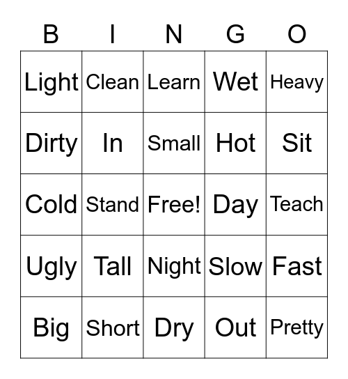 Opposites Bingo Card