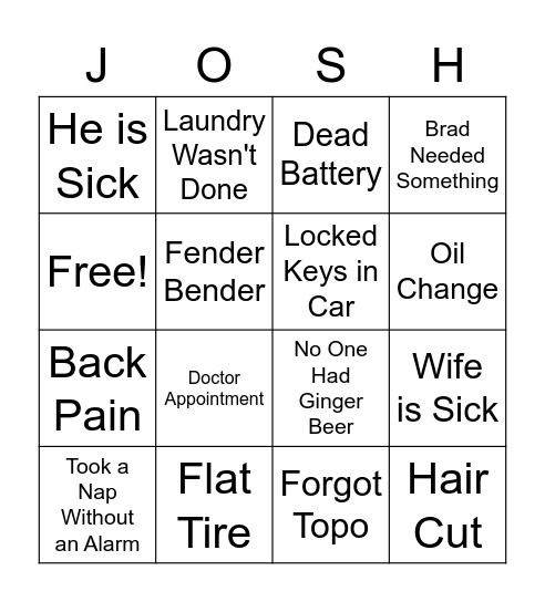 Excuses Bingo Card