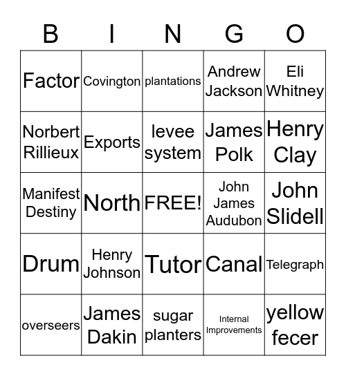 Antebellum Bingo Card