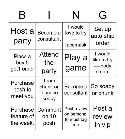 Posh party bingo Card