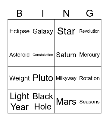 Astronomy Bingo Card