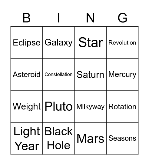 Astronomy Bingo Card