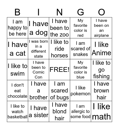 GET TO KNOW ME Bingo Card