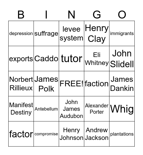 Antebellum Bingo Card