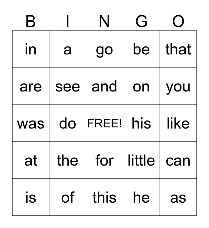 Fry Word Bingo Card