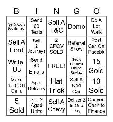 CAR SALES BINGO Card
