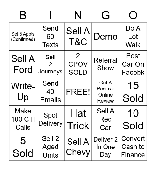 CAR SALES BINGO Card