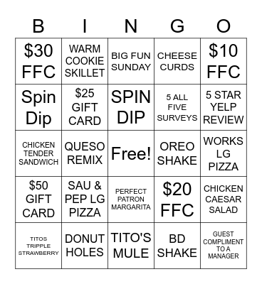 Main Event BINGO Card