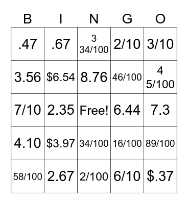 Decimal/Fraction BINGO Card