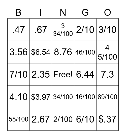 Decimal/Fraction BINGO Card