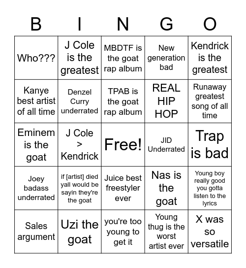 online hip hop argument Bingo Card