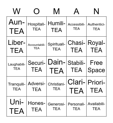 Tea Party Bingo Card