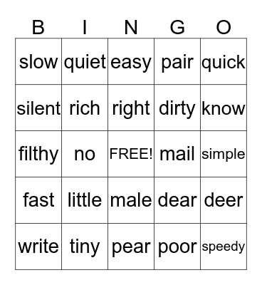 Synonyms, Antonyms, Homophones, Homonyms Bingo Card
