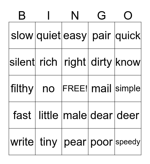 Synonyms, Antonyms, Homophones, Homonyms Bingo Card