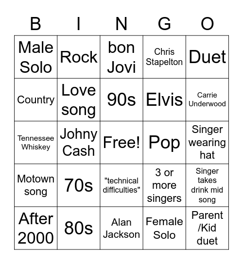 Karaoke Bingo V1 Bingo Card