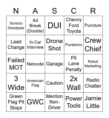 NASCAR Bingo Card