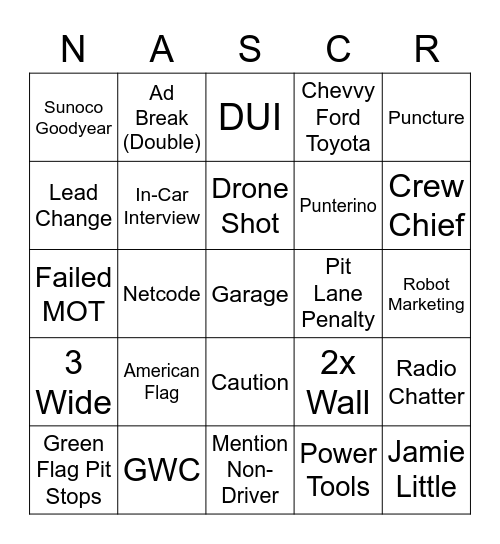 NASCAR Bingo Card