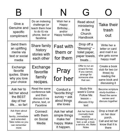 31st Ward Ministering Bingo Card