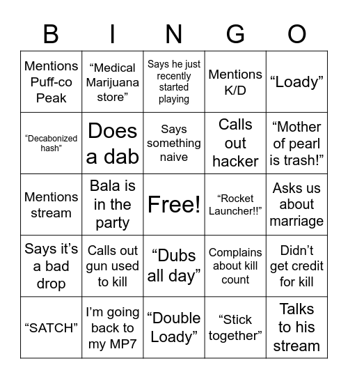 COD with Blaze Bingo Card