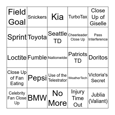 Super Bowl XLIX 2015 Bingo Card