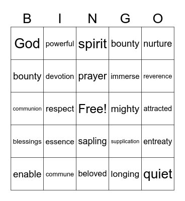 Prayer Words Bingo Card