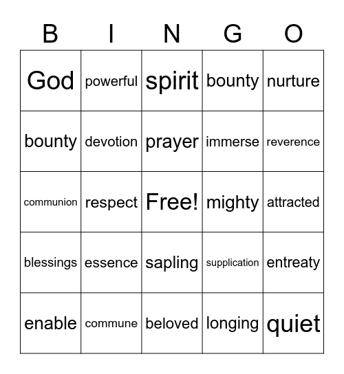 Prayer Words Bingo Card