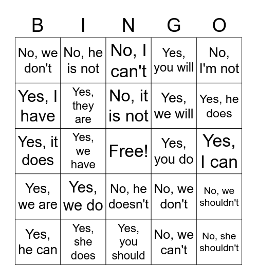 Answers Bingo Card
