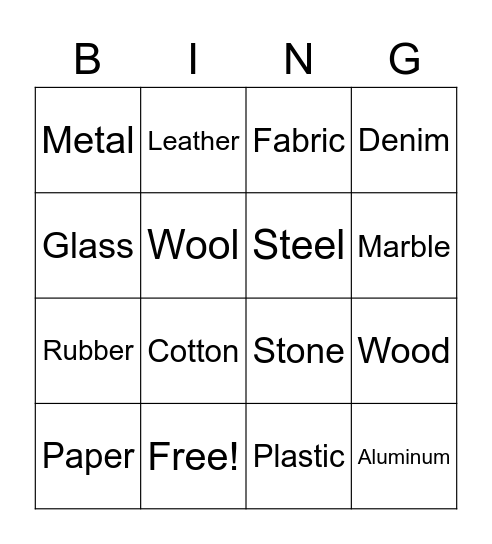 Materials Bingo Card
