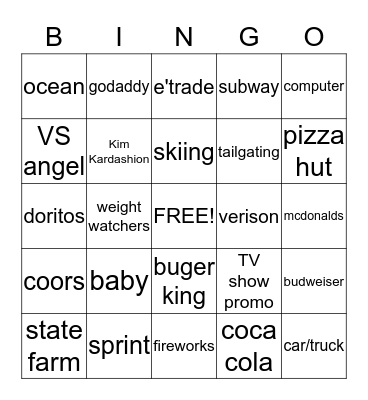 Super Bowl Commercial Bingo Card