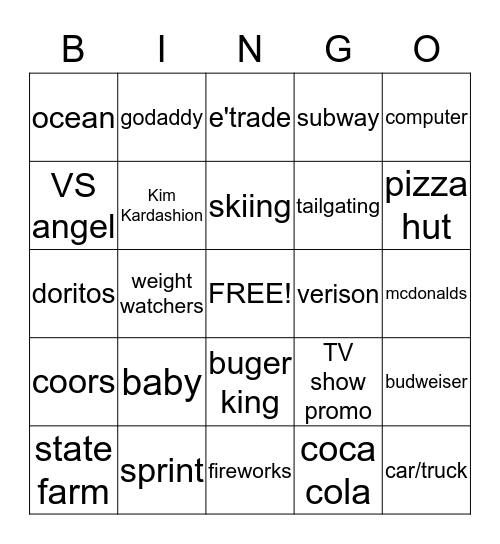 Super Bowl Commercial Bingo Card