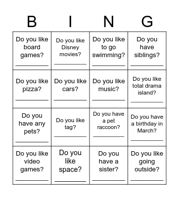 Get to know you bingo Card
