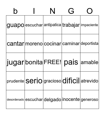 Spanish bingo Card