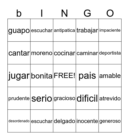 Spanish bingo Card