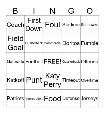 Superbowl Bingo! Bingo Card