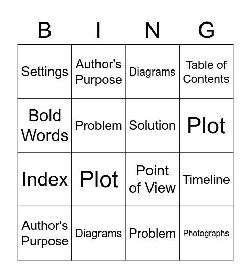 Reading Vocab Bingo Card