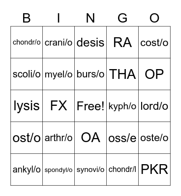 Medical Terminology Bingo Card