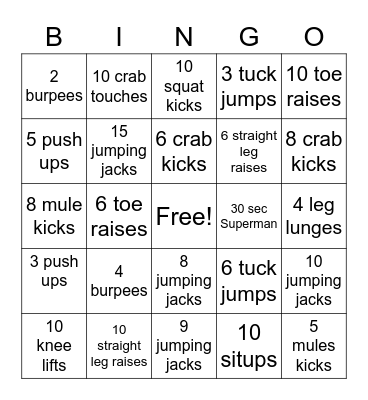 Fitness Bingo Card
